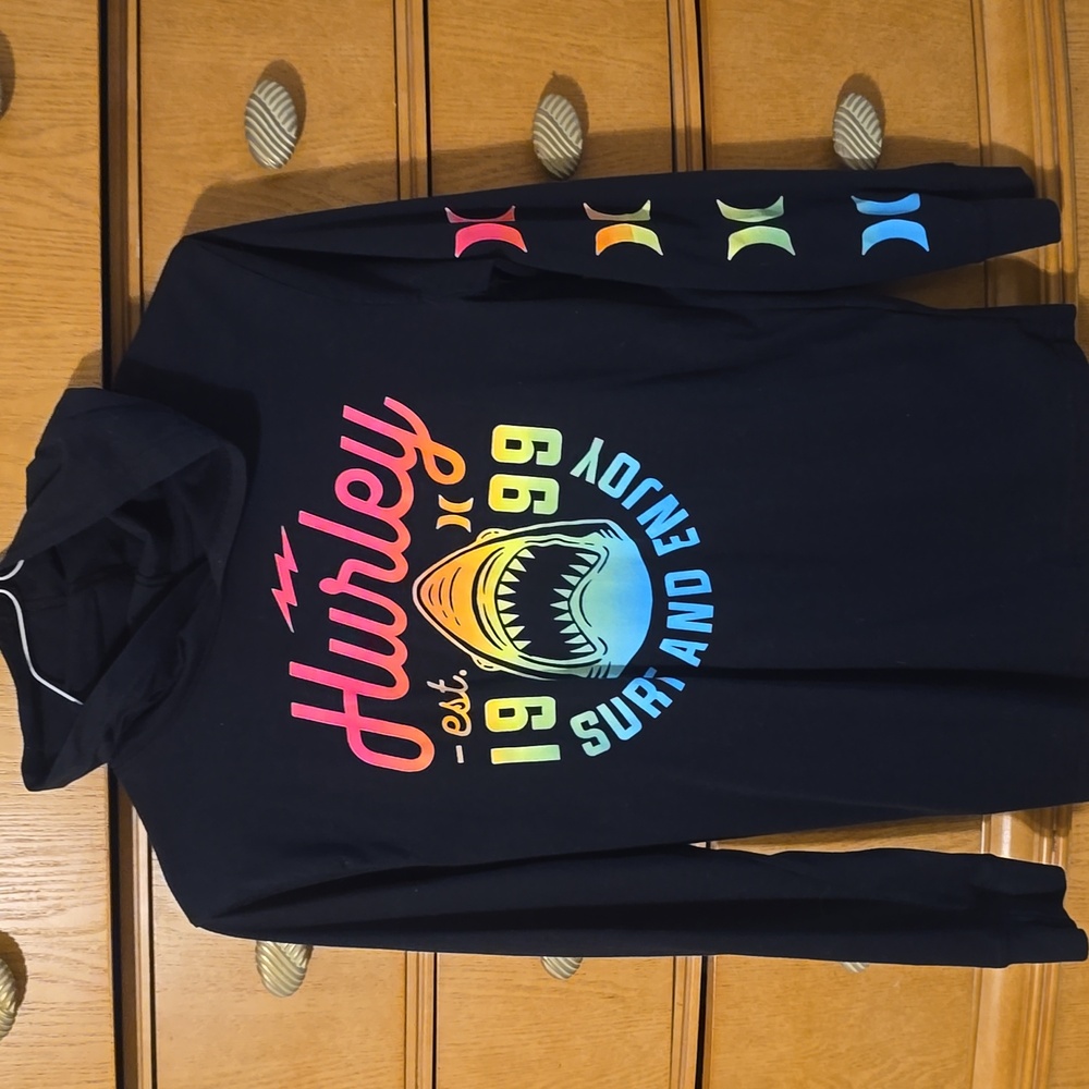 Hurley Kids' Black Long Sleeve Hooded Shirt with Colorful Shark Graphic